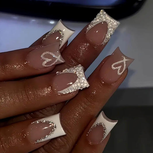 Nude Square Press on Nails Short Length,White French Tips Fake Nails with Rhinestones Design for Birthday/Bride/Holiday/Christmas/Valentine'S Day/Women/Young Various colors 1 Fl Oz (Pack of 1) VXN Beauty