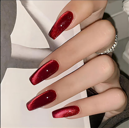 Red Press on Nails Coffin Shape Fake Nails Long False Nails with Cat Eye Design Glitter Glue on Nails for Women 24PCS 522 red 0.04 Fl Oz (Pack of 24) VXN Beauty