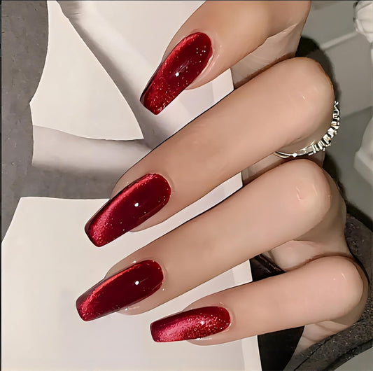 Red Press on Nails Coffin Shape Fake Nails Long False Nails with Cat Eye Design Glitter Glue on Nails for Women 24PCS 522 red 0.04 Fl Oz (Pack of 24) VXN Beauty