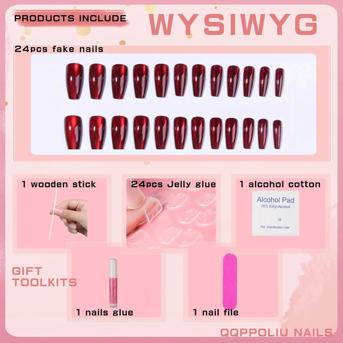 Red Press on Nails Coffin Shape Fake Nails Long False Nails with Cat Eye Design Glitter Glue on Nails for Women 24PCS 522 red 0.04 Fl Oz (Pack of 24) VXN Beauty