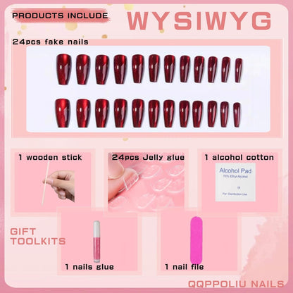 Red Press on Nails Coffin Shape Fake Nails Long False Nails with Cat Eye Design Glitter Glue on Nails for Women 24PCS 522 red 0.04 Fl Oz (Pack of 24) VXN Beauty