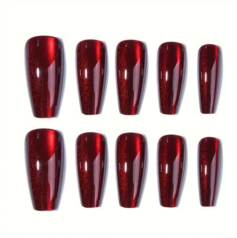 Red Press on Nails Coffin Shape Fake Nails Long False Nails with Cat Eye Design Glitter Glue on Nails for Women 24PCS 522 red 0.04 Fl Oz (Pack of 24) VXN Beauty