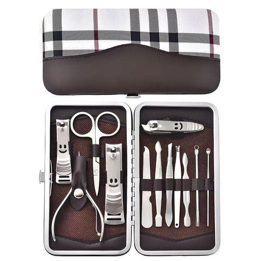 12-Piece Manicure Pedicure Kit, Professional Nail Clipper Grooming Set, White Plaid Case VXN Beauty