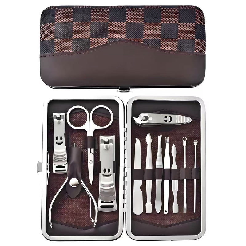 12-Piece Manicure Pedicure Kit, Professional Nail Clipper Grooming Set, Brown Checkered Case VXN Beauty