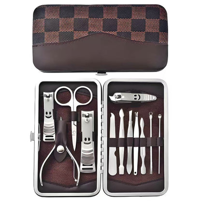 12-Piece Manicure Pedicure Kit, Professional Nail Clipper Grooming Set, Brown Checkered Case VXN Beauty