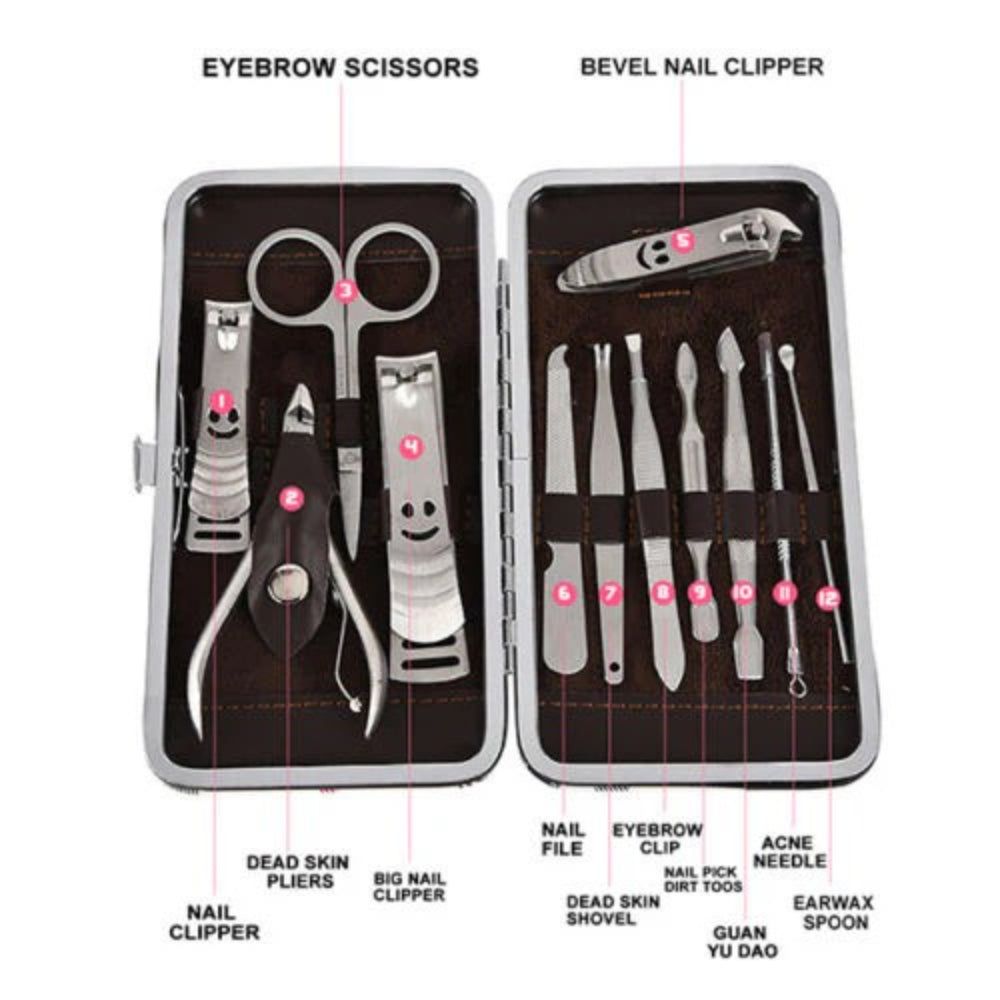 12-Piece Manicure Pedicure Kit, Professional Nail Clipper Grooming Set, Brown Checkered Case VXN Beauty