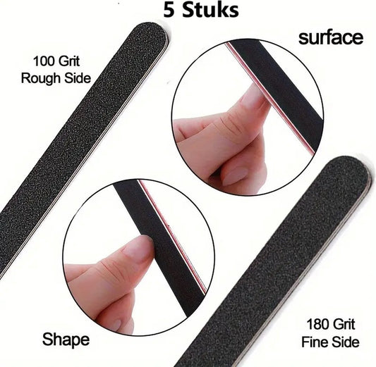 5x Boomerang Files 100/180 Grit | Curved Nail Buffer | Nail File | Polishing Block | Nail Polishing Block | Buffer Block | Nail Buffer | 17 x 2 Cm | Black VXN Beauty