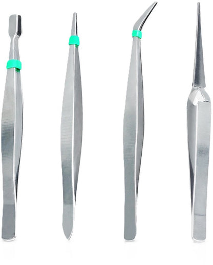Set of 4 Tweezers | Precision Tweezers | Tweezer Set | Multiuse Tweezers | For Beauty, Nail Art, etc. | Stainless Steel VXN Beauty