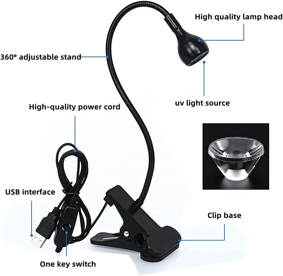 Mini UV Lamp for Gel Nails, LED Curing Lamp with Flexible Gooseneck and Clamp, 3W Portable Small Manicure UV Lamp, Nail Dryer for Curing Resin Nail Art. VXN Beauty