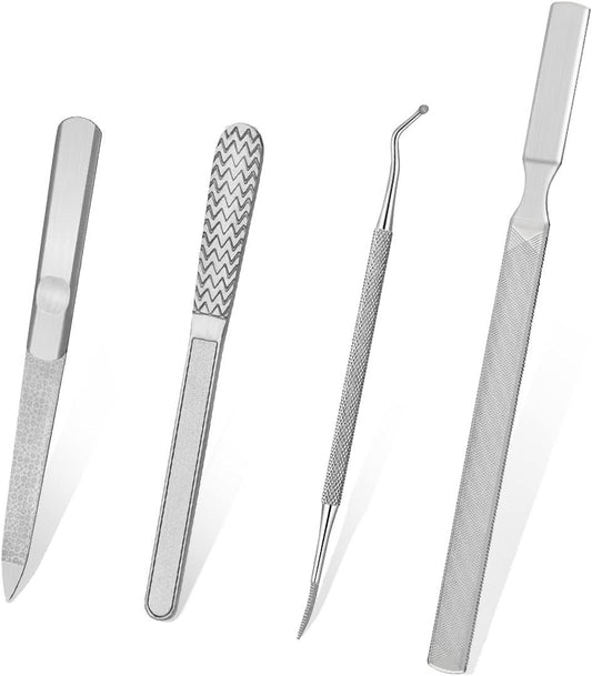 4 Piece Stainless Steel Nail Care Kit, Reusable Nail Files and Nail Lifters with Non Slip Handles for Callus and Dead Skin Removal VXN Beauty