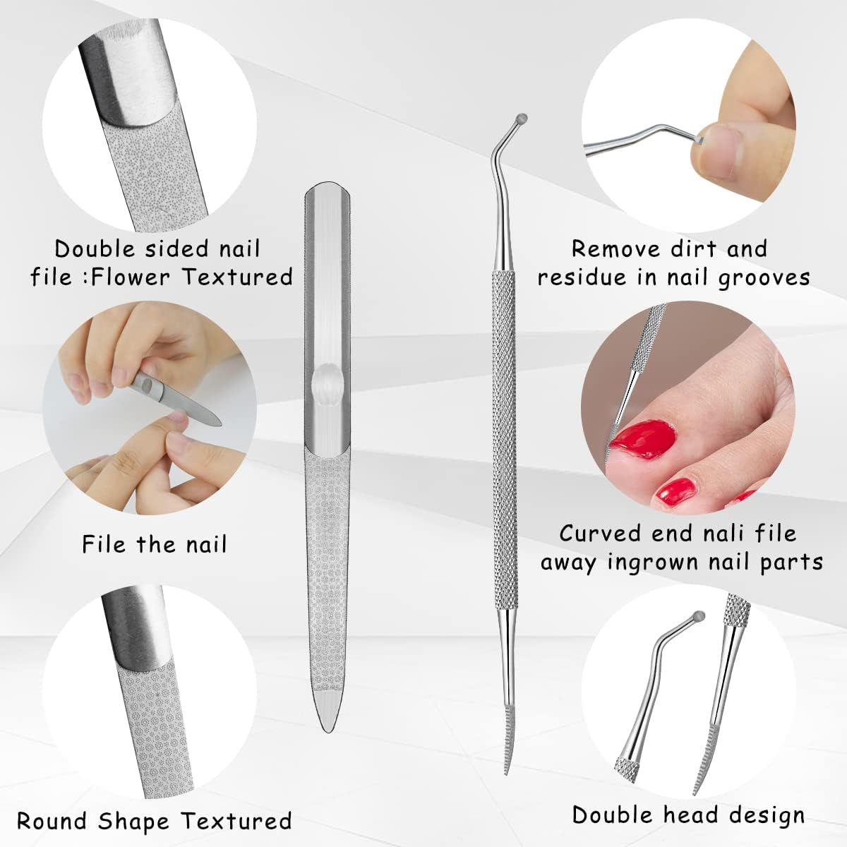 4 Piece Stainless Steel Nail Care Kit, Reusable Nail Files and Nail Lifters with Non Slip Handles for Callus and Dead Skin Removal VXN Beauty