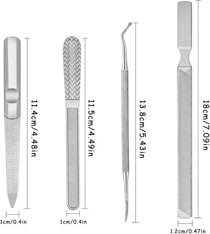 4 Piece Stainless Steel Nail Care Kit, Reusable Nail Files and Nail Lifters with Non Slip Handles for Callus and Dead Skin Removal VXN Beauty