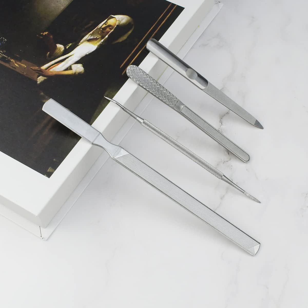 4 Piece Stainless Steel Nail Care Kit, Reusable Nail Files and Nail Lifters with Non Slip Handles for Callus and Dead Skin Removal VXN Beauty