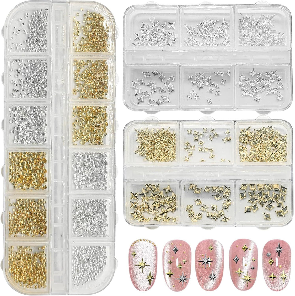3400 Pack Gold and Silver Star Nail Charms, 3D Metal Nail Art Gems for DIY Manicures, Nail Decoration, Crafts and Salon Accessories VXN Beauty