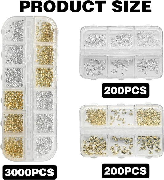 3400 Pack Gold and Silver Star Nail Charms, 3D Metal Nail Art Gems for DIY Manicures, Nail Decoration, Crafts and Salon Accessories VXN Beauty
