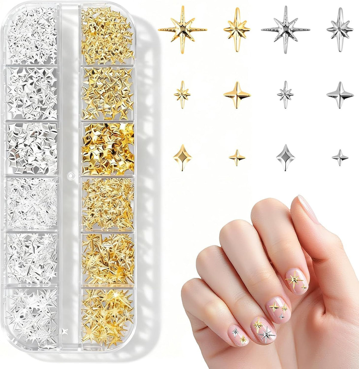 2500 Pack Gold and Silver 3D Star Nail Charms, Metal Nail Art Gems with Tweezers for DIY Manicures, Nail Decoration and Crafts VXN Beauty