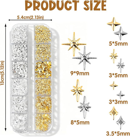 2500 Pack Gold and Silver 3D Star Nail Charms, Metal Nail Art Gems with Tweezers for DIY Manicures, Nail Decoration and Crafts VXN Beauty
