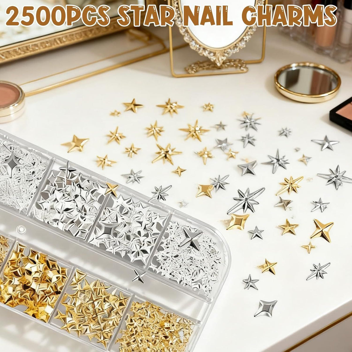 2500 Pack Gold and Silver 3D Star Nail Charms, Metal Nail Art Gems with Tweezers for DIY Manicures, Nail Decoration and Crafts VXN Beauty