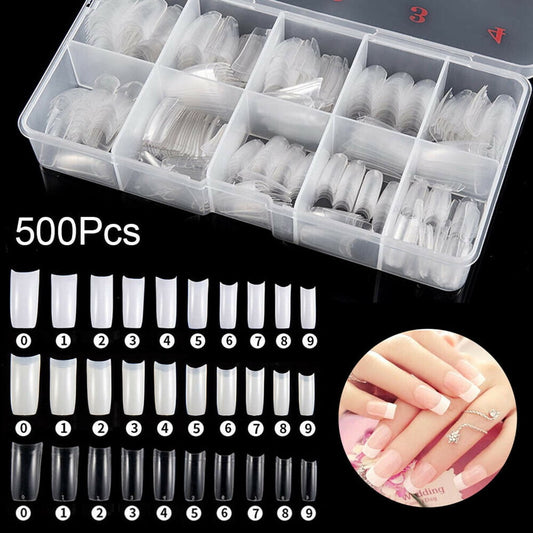 500PCS Acrylic Nail Tips,French Style Artificial False Nails for Manicure,DIY Nail Art with Storage Box,10 Sizes,Natural & Clear,Perfect Gift for Nail & Home Use Transparent VXN Beauty