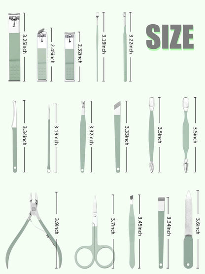 Manicure Set, 16PCS Professional Grooming Care Tools Men Women Nail Clipper Set Stainless Steel Toe Finger Nail Clippers (Green) VXN Beauty