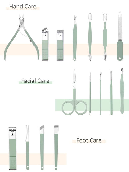 Manicure Set, 16PCS Professional Grooming Care Tools Men Women Nail Clipper Set Stainless Steel Toe Finger Nail Clippers (Green) VXN Beauty