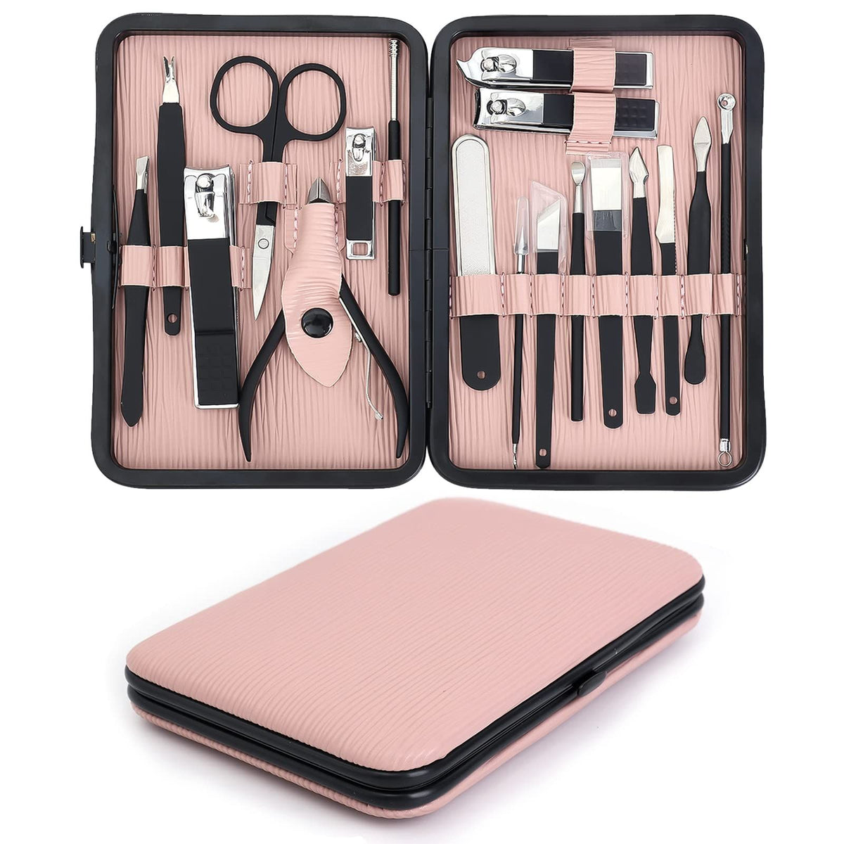 18 PCS Pedicure Tools Cuticle Nippers Sharp Trimmer with Anti-skid Design Handle Clippers for Women Pink PU Leather Case Pedicure Kit VXN Beauty