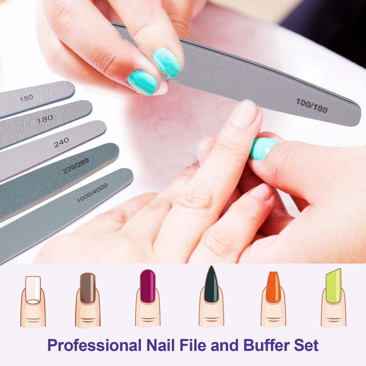 Nail File and Buffer Set, 6 Pcs Professional Nail File Kit for Acrylic and Natural Nails, Grit Soft Nail Filer Gel Nail Files VXN Beauty