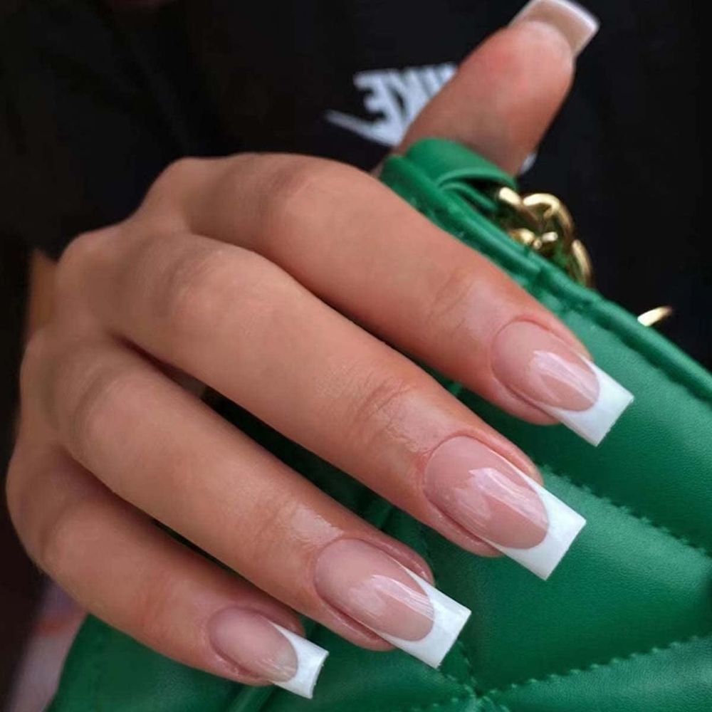 24 PCS Press on Nails Short, White French Tip Press on Nails Pink False Nails Glossy Square Fake Nails Full Cover Stick on Nails,Acrylic Press on Nails for Women and Girls Daily Wear VXN Beauty