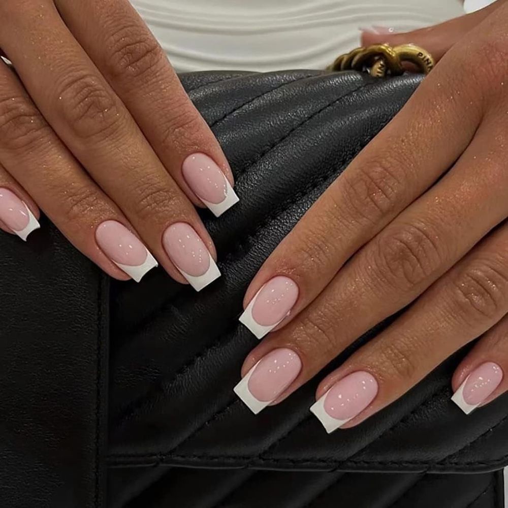 24 PCS Press on Nails Short, White French Tip Press on Nails Pink False Nails Glossy Square Fake Nails Full Cover Stick on Nails,Acrylic Press on Nails for Women and Girls Daily Wear VXN Beauty
