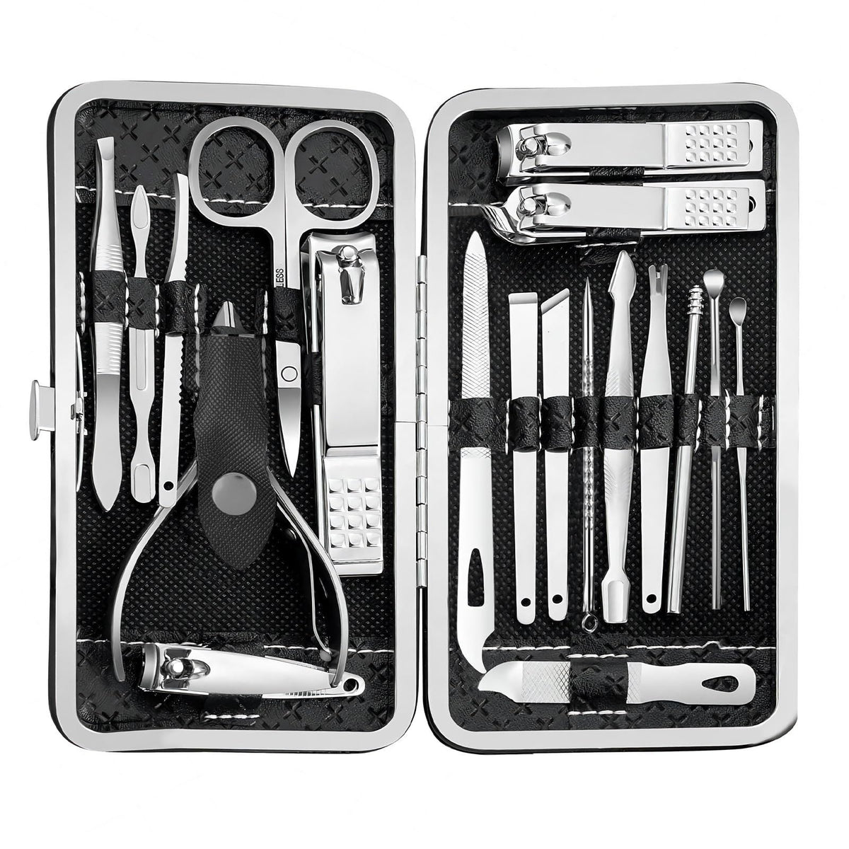 19 piece black nail care set stainless steel beauty set with plant printing bag, including scissors, tweezers, nail files VXN Beauty