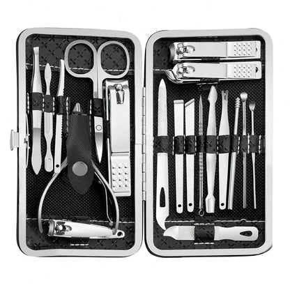 19 piece black nail care set stainless steel beauty set with plant printing bag, including scissors, tweezers, nail files VXN Beauty