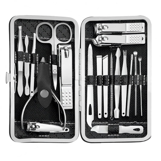 19 piece black nail care set stainless steel beauty set with plant printing bag, including scissors, tweezers, nail files VXN Beauty