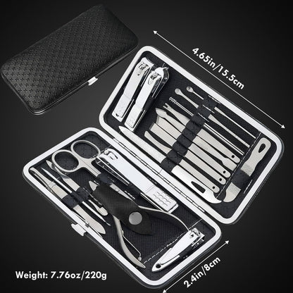 19 piece black nail care set stainless steel beauty set with plant printing bag, including scissors, tweezers, nail files VXN Beauty