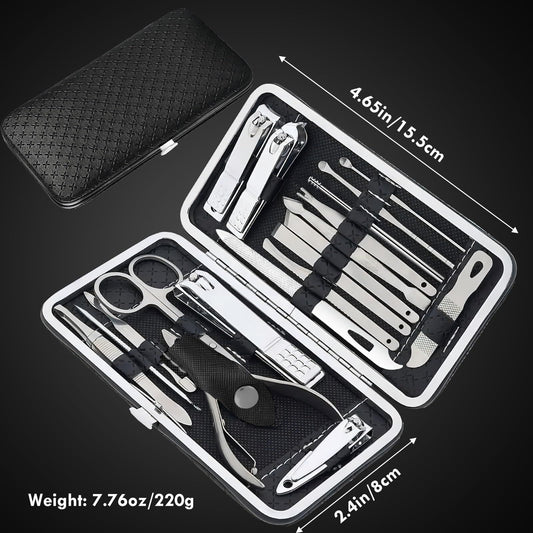 19 piece black nail care set stainless steel beauty set with plant printing bag, including scissors, tweezers, nail files VXN Beauty