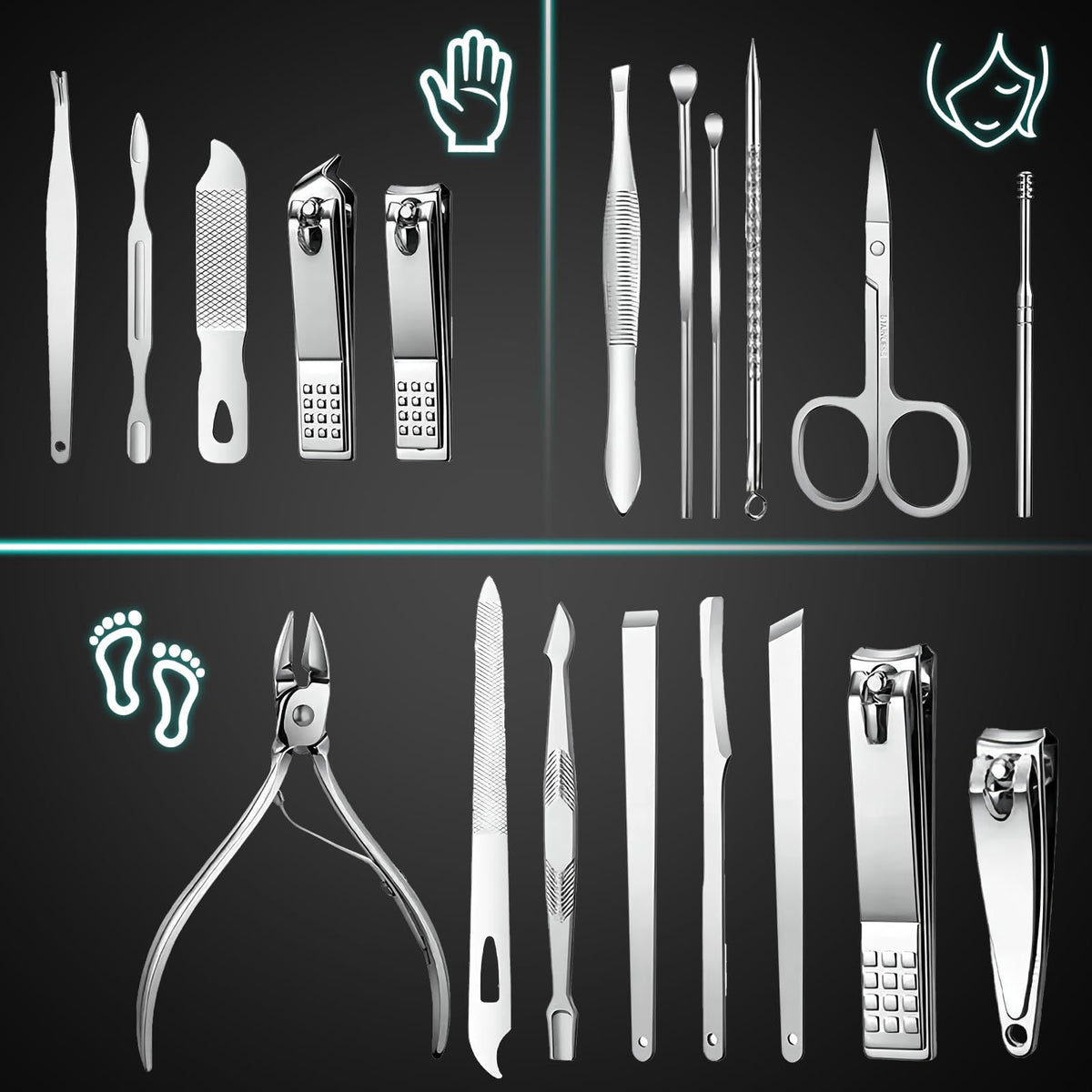 19 piece black nail care set stainless steel beauty set with plant printing bag, including scissors, tweezers, nail files VXN Beauty