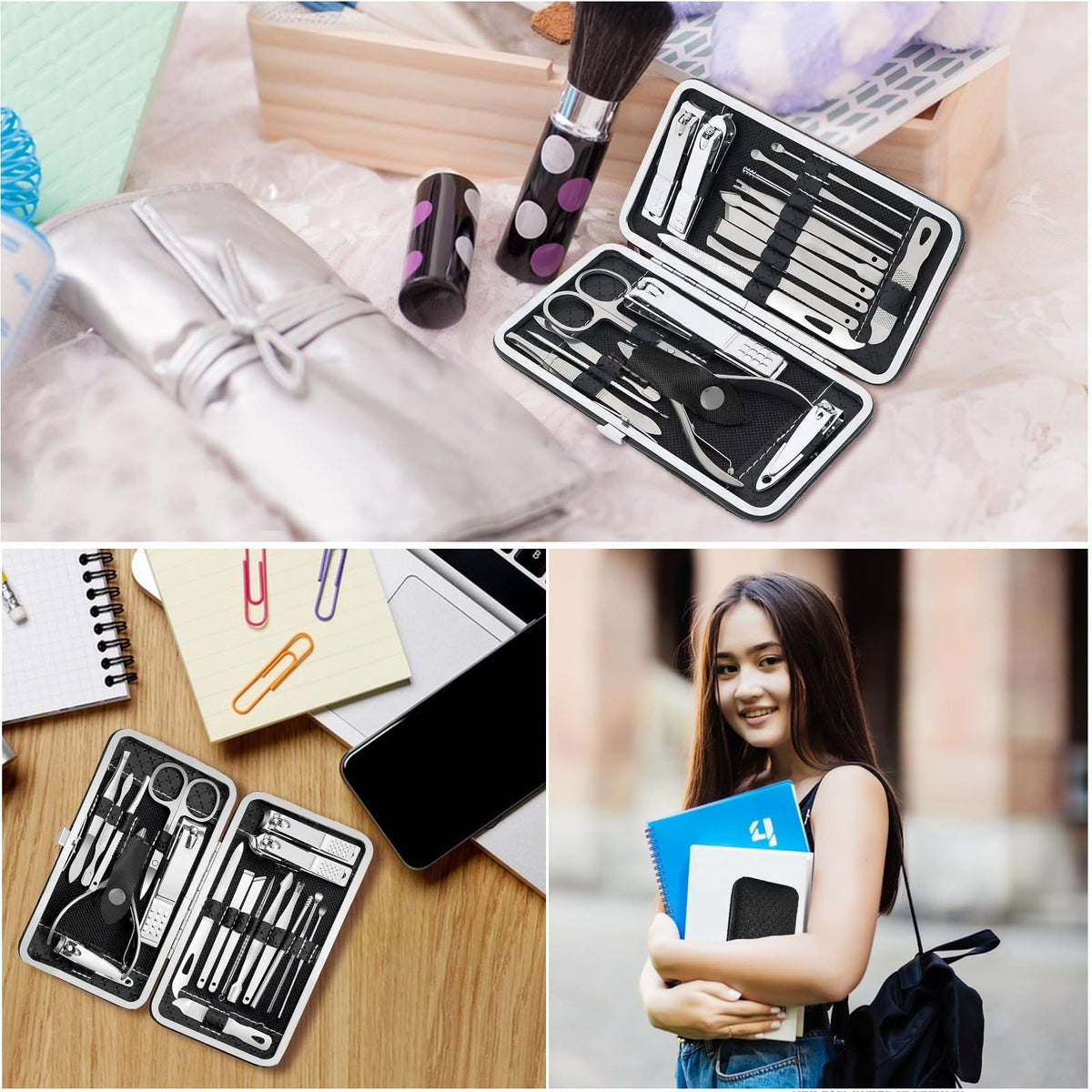 19 piece black nail care set stainless steel beauty set with plant printing bag, including scissors, tweezers, nail files VXN Beauty