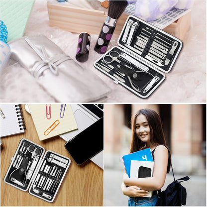 19 piece black nail care set stainless steel beauty set with plant printing bag, including scissors, tweezers, nail files VXN Beauty