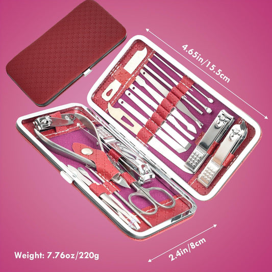 19 piece set of wine red nail care set stainless steel beauty set, with plant printing bag, including scissors, tweezers, nail files VXN Beauty