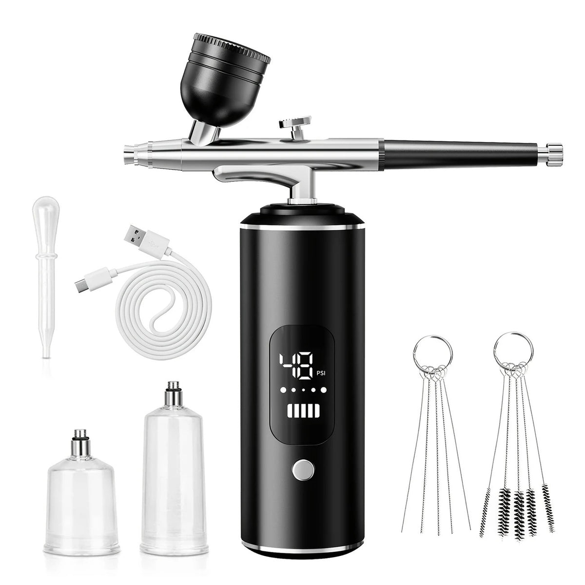 Black Portable Wireless Airbrush Kit, ideal for nail art, painting, cake decoration, and makeup. Rechargeable design, perfect for both amateurs and professionals. VXN Beauty