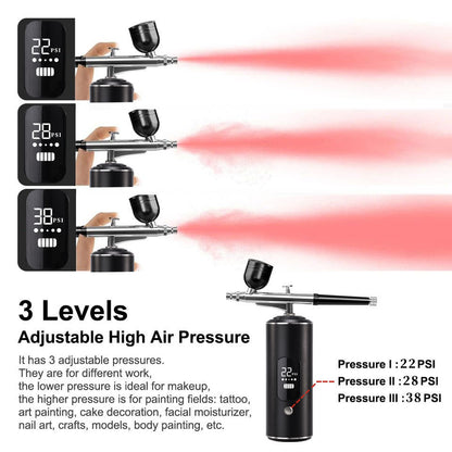 Pink Portable Wireless Airbrush Kit, ideal for nail art, painting, cake decoration, and makeup. Rechargeable design, perfect for both amateurs and professionals. VXN Beauty
