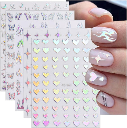 Sheets Aurora Nail Stickers 3D Holographic Laser Heart Star Moon Flame Flower Butterfly Nail Decals Self-adhesive Nail VXN Beauty