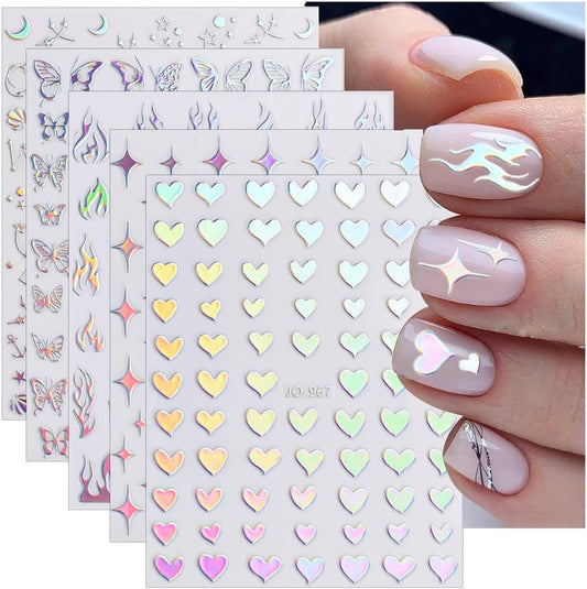 Sheets Aurora Nail Stickers 3D Holographic Laser Heart Star Moon Flame Flower Butterfly Nail Decals Self-adhesive Nail VXN Beauty