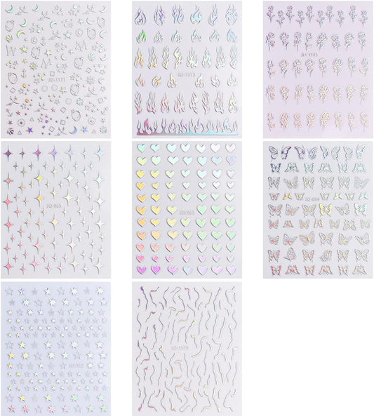 Sheets Aurora Nail Stickers 3D Holographic Laser Heart Star Moon Flame Flower Butterfly Nail Decals Self-adhesive Nail VXN Beauty