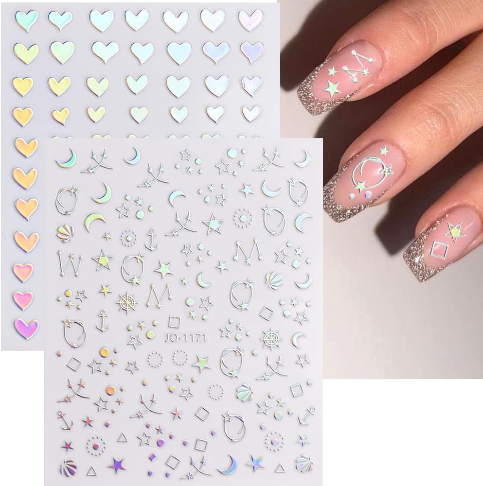 Sheets Aurora Nail Stickers 3D Holographic Laser Heart Star Moon Flame Flower Butterfly Nail Decals Self-adhesive Nail VXN Beauty