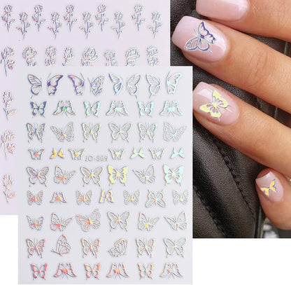 Sheets Aurora Nail Stickers 3D Holographic Laser Heart Star Moon Flame Flower Butterfly Nail Decals Self-adhesive Nail VXN Beauty