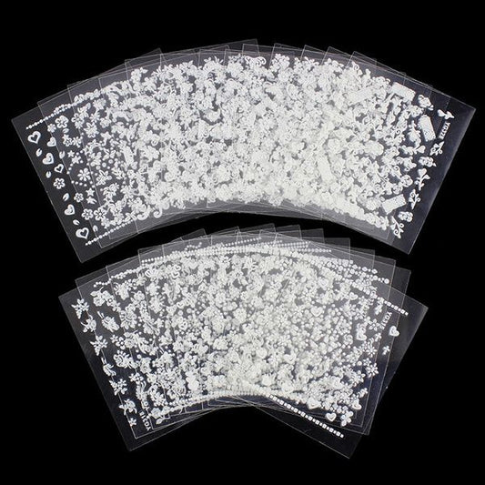 White nail decorations flowers stickers, 10 sheets VXN Beauty