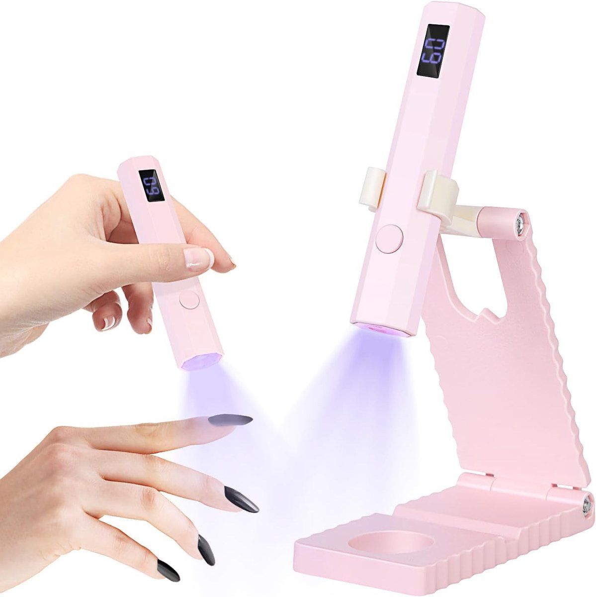 Mini UV LED Nail Lamp With Digital Display, USB Rechargeable Gel Nail Dryer With 2 Timer Modes And Adjustable Stand For Home Manicure, Pink, 10.3 cm VXN Beauty