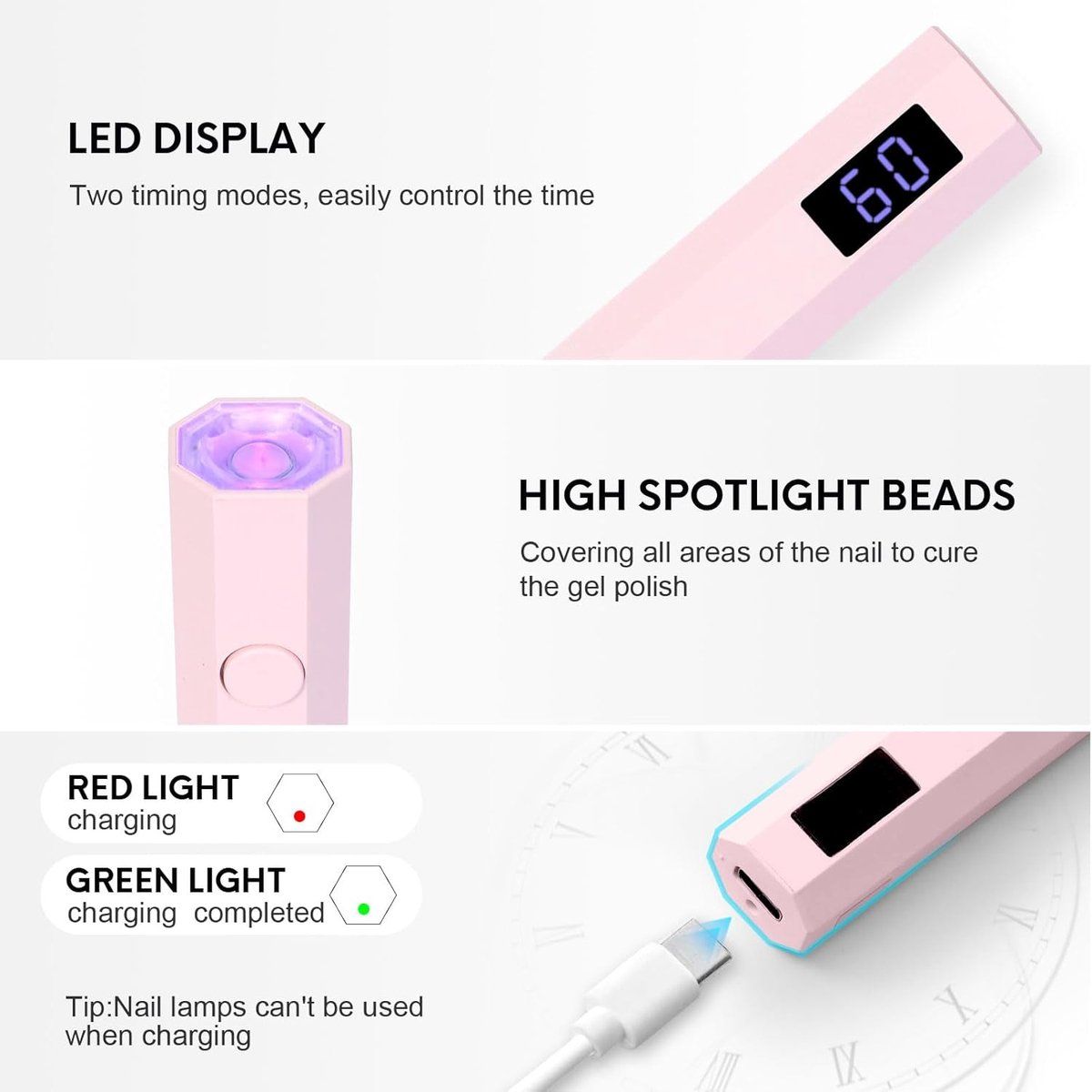 Mini UV LED Nail Lamp With Digital Display, USB Rechargeable Gel Nail Dryer With 2 Timer Modes And Adjustable Stand For Home Manicure, Pink, 10.3 cm VXN Beauty