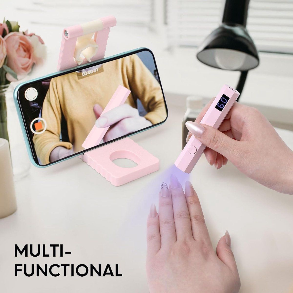 Mini UV LED Nail Lamp With Digital Display, USB Rechargeable Gel Nail Dryer With 2 Timer Modes And Adjustable Stand For Home Manicure, Pink, 10.3 cm VXN Beauty