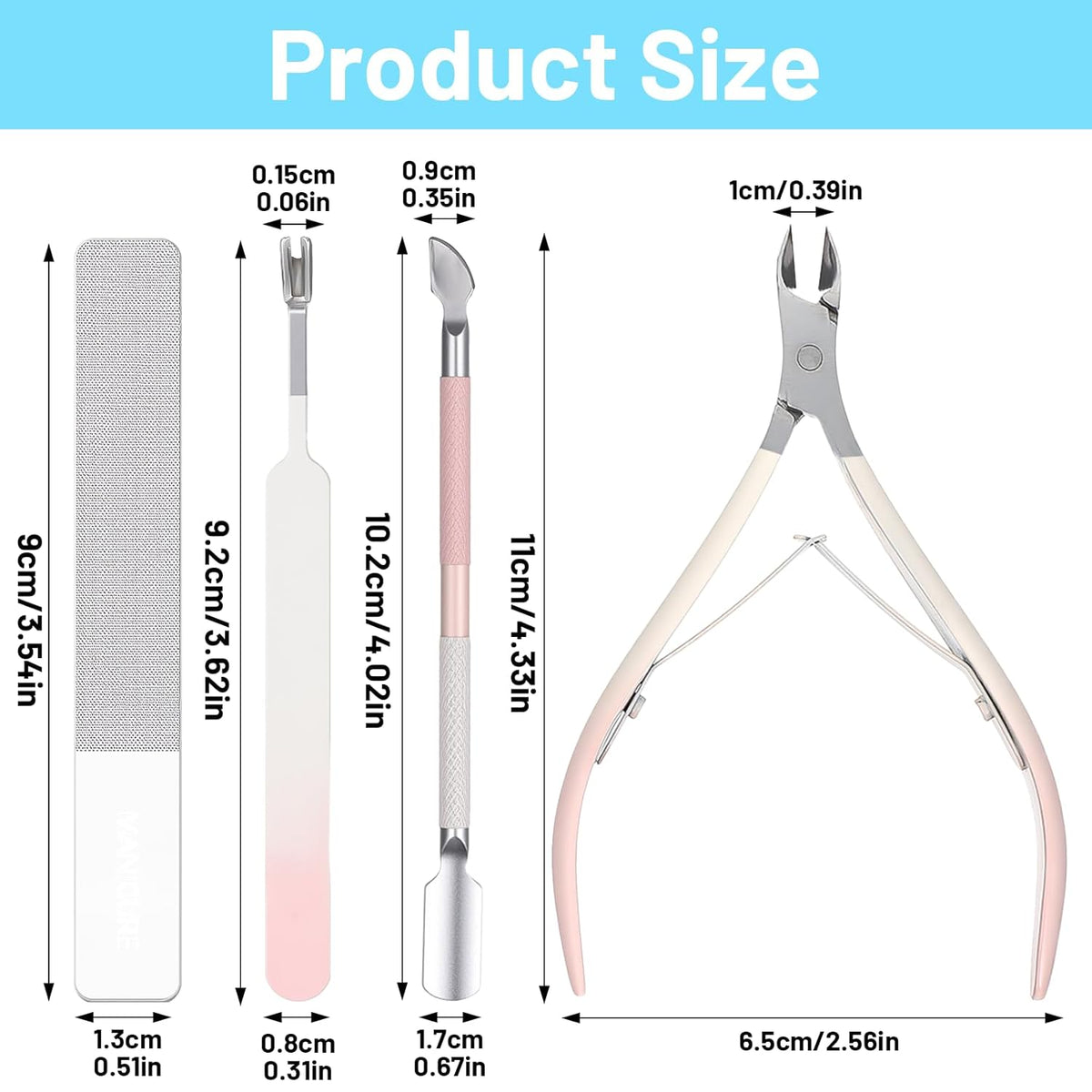 4 Pcs Cuticle Clipper with Single Dual Ended Pusher and Nail File, Stainless Steel Nail Cuticle Trimmer Cutter Extremely Sharp Full Jaw Cuticles Nipper for Women Professional Salon and Home Use VXN Beauty